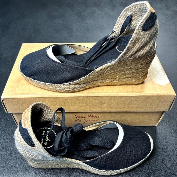 Toni Pons Shoes - Vegan Wedge Espadrilles Toni Pons Calonge 36 Size 6 Black Hand Stitched NEW